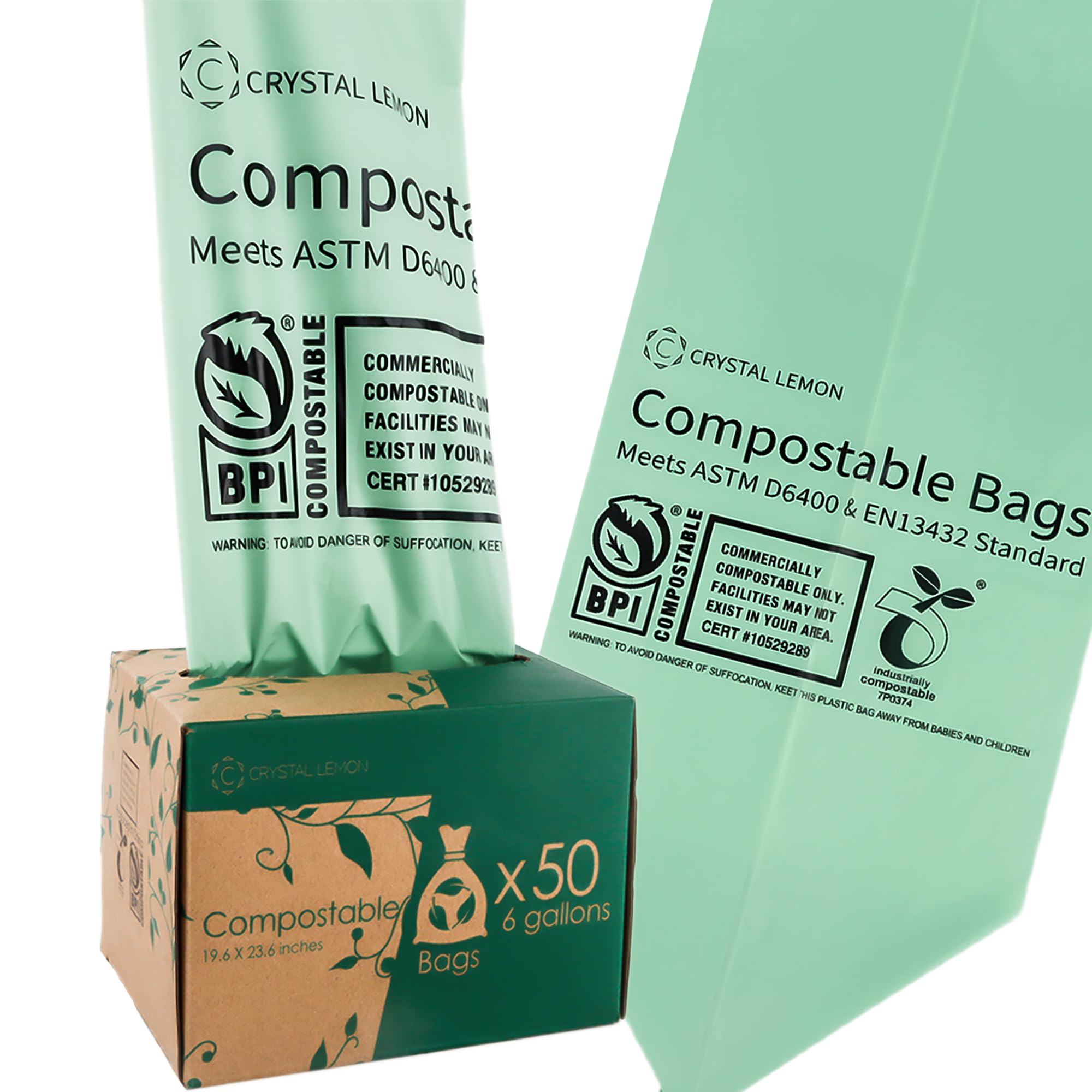 C CRYSTAL LEMON50 Counts Compostable Trash Bags, 6 Gallon Heavy Duty Biodegradable Trash Bags and Kitchen Garbage Bags