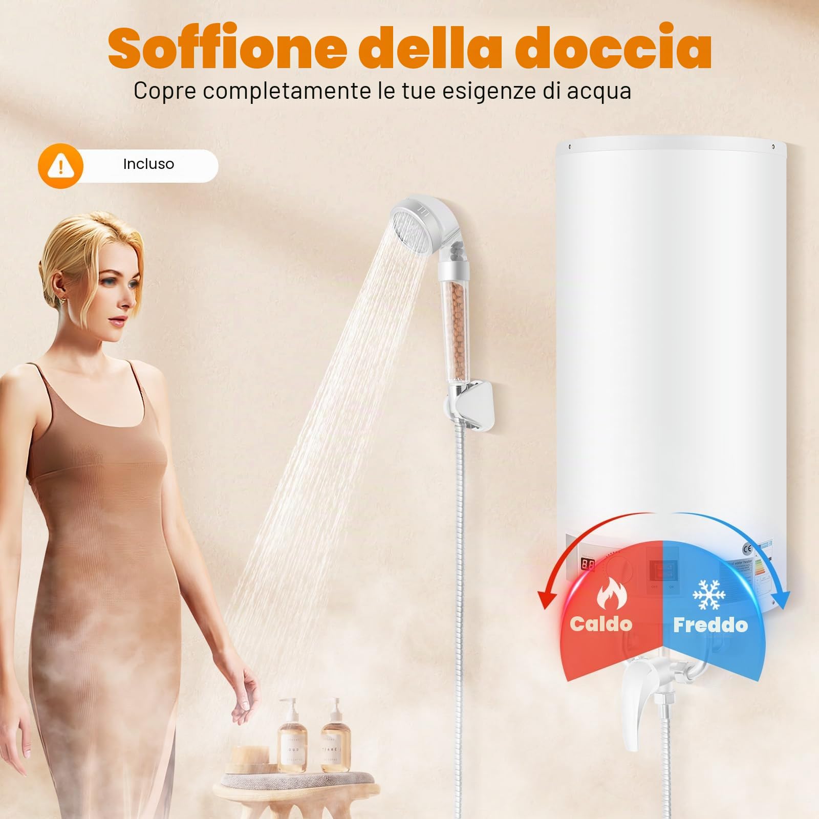 Scaldacqua elettrica istantanea da 50 l, scaldabagno elettrico da 2000 W, scaldabagno, 71 x 34 cm, con set doccia, 25 – 75 ℃, per cucine, WC, appartamenti