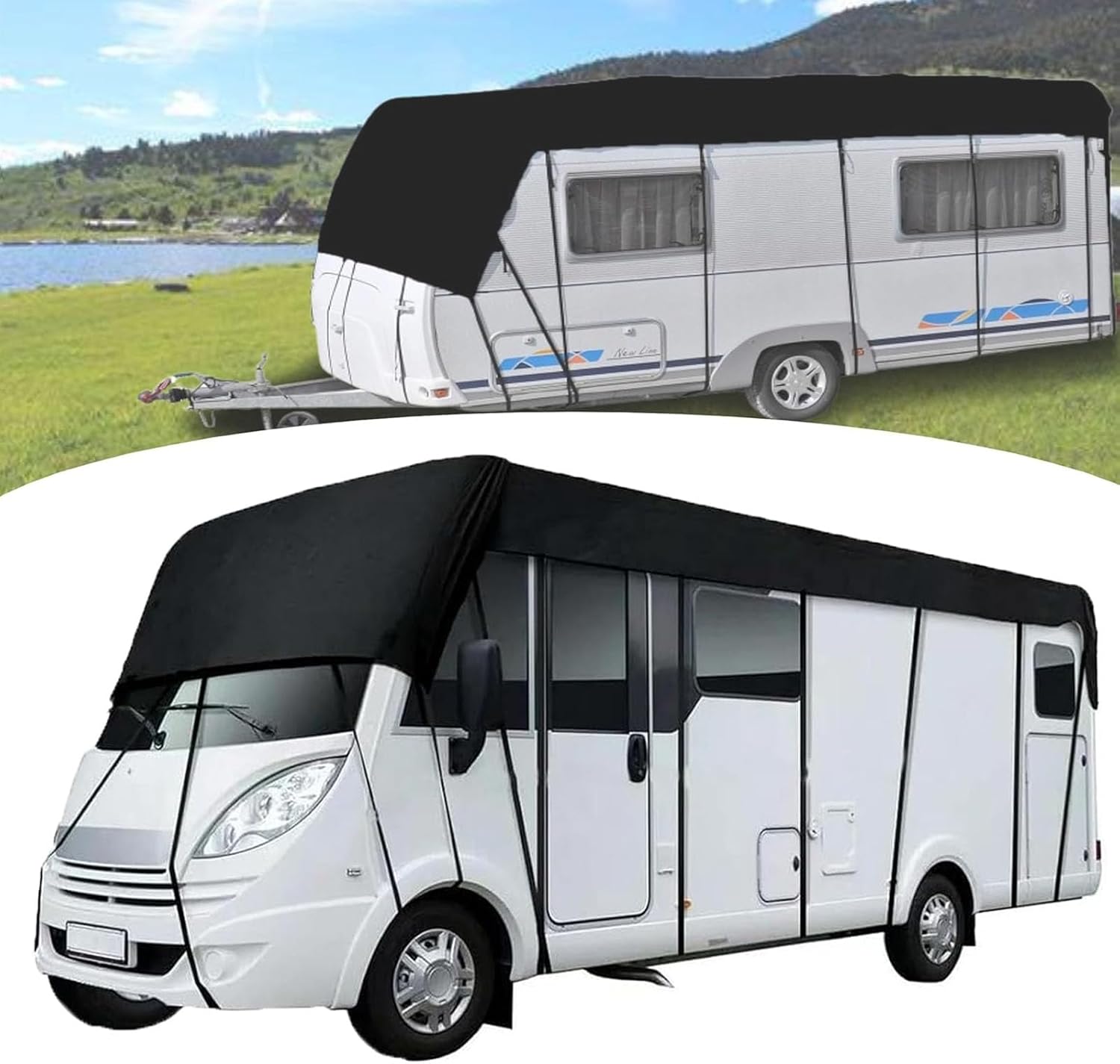 Heavy Duty RV Roof Cover, Rv Skirting for Winter, Waterproof & UV Resistant for RVs, Class A/B/C Motorhomes, Popup & Truck Campers, Fits 24-27ft RVs, Camper & Travel Trailers (Black, 34ft*10ft)