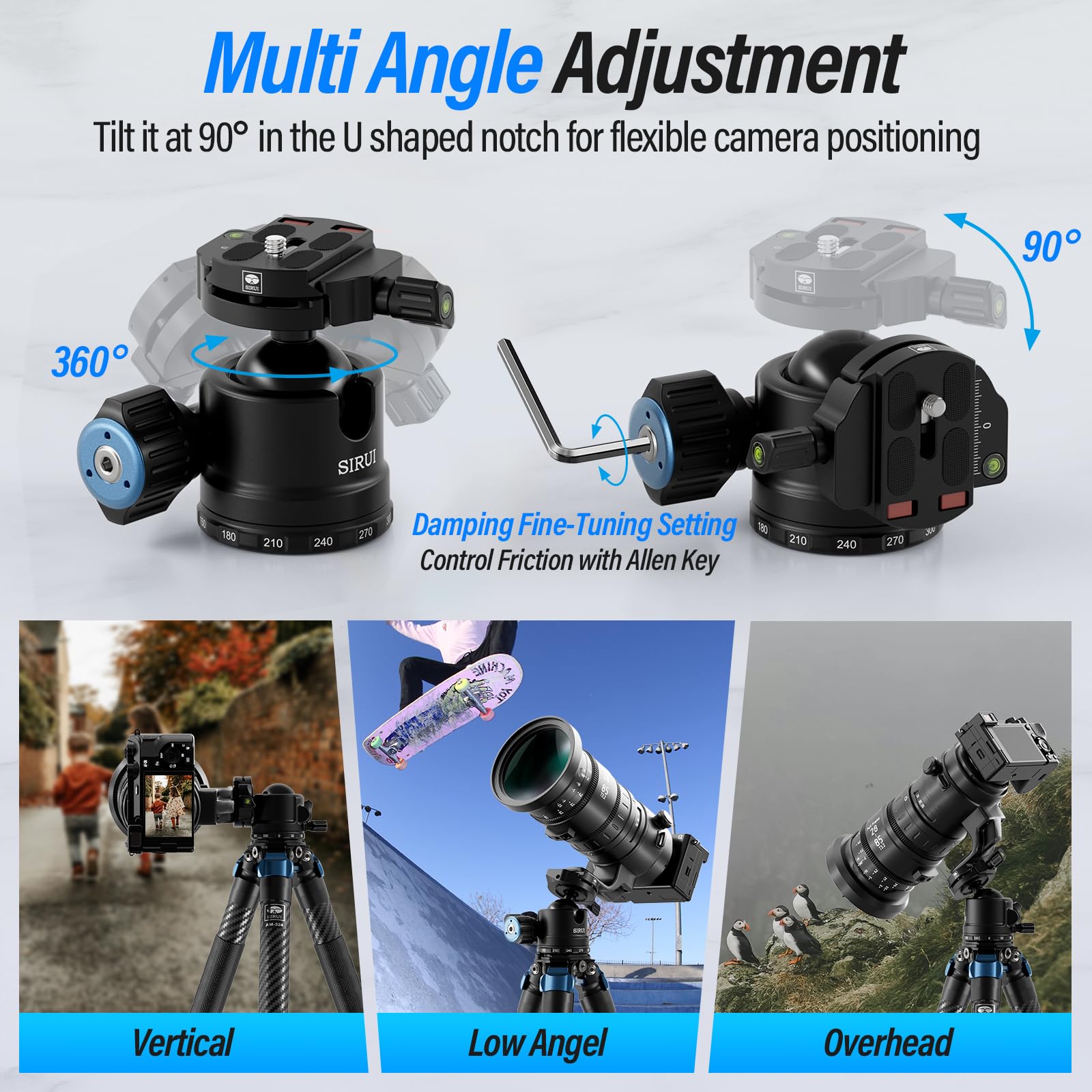 SIRUI AM-40 testa a sfera a bassa gravità, testa treppiede in alluminio con sfera enorme da 40 mm, base panoramica 360, livella a bolla, piastra QR, carico fino a 40 kg