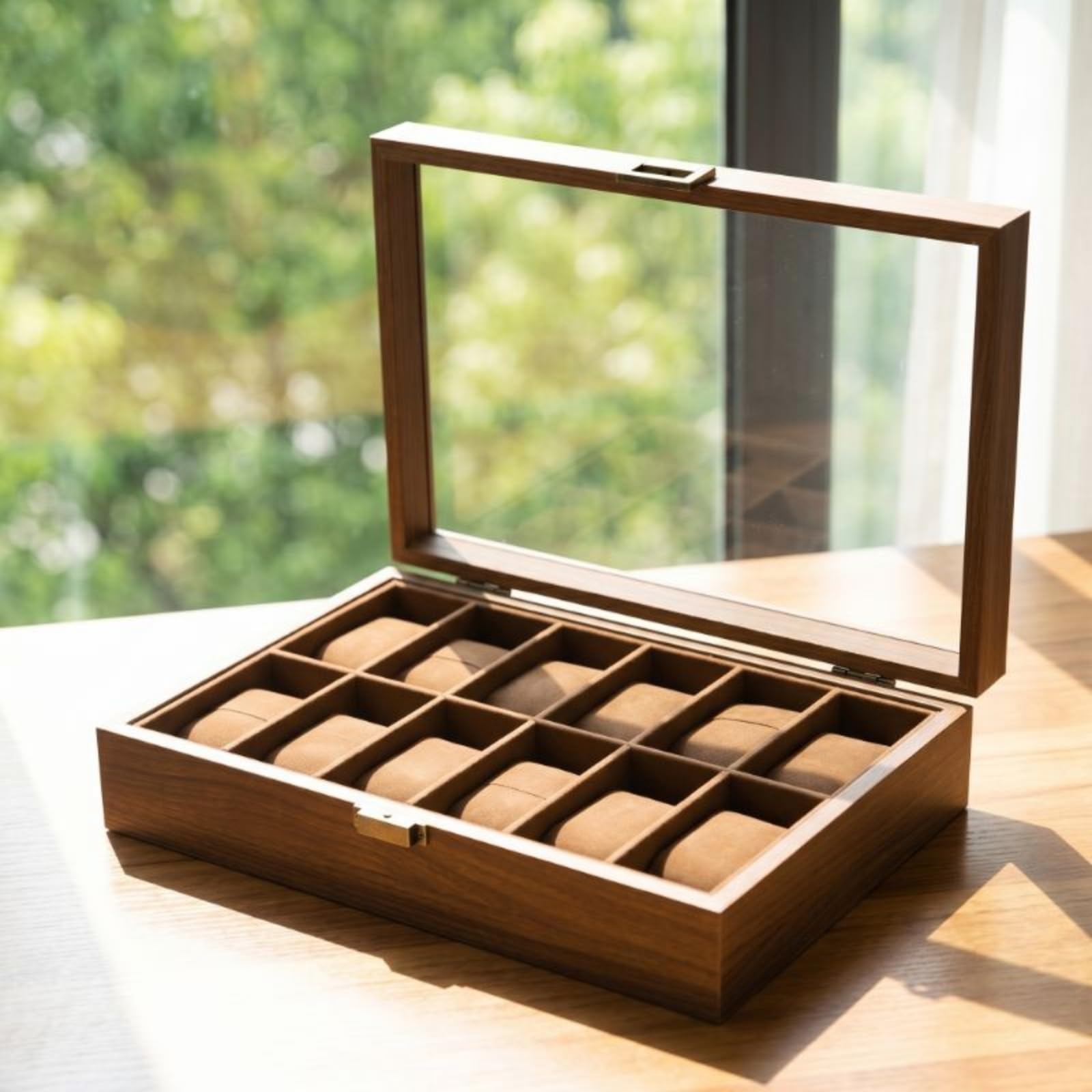 Scatola Porta Orologi Espositore Custodia Organizer Vetrina con Separati E Cuscini Morbidi Rimovibili Aspetto Caldo Protegge dalla Polvere Adatta per, 6 Orologi + 3 Occhiali
