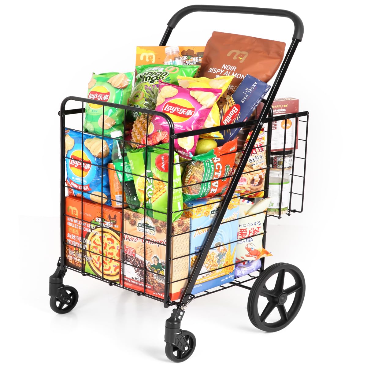 Siffler Upgrade Grocery Utility Flat Folding Shopping Cart with 360° Rolling Swivel Wheels, Iron Plate Bottom High Load-Bearing Capacity, Heavy Duty with Extra Back Basket