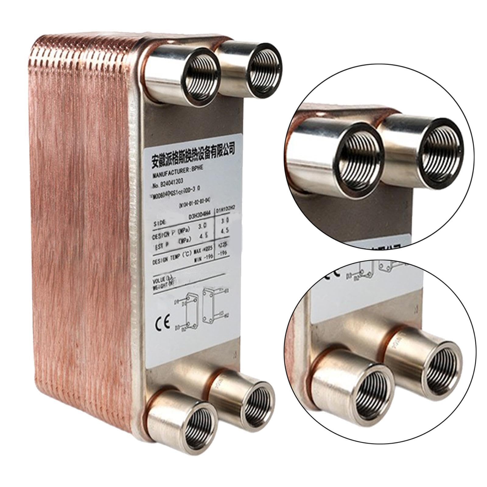 Échangeur à Plaques Brasées Compact pour Systèmes de Chauffage et Refroidissement Ports NPT Femelles 1/2 Pouce Adapté aux Applications, 20 Assiettes