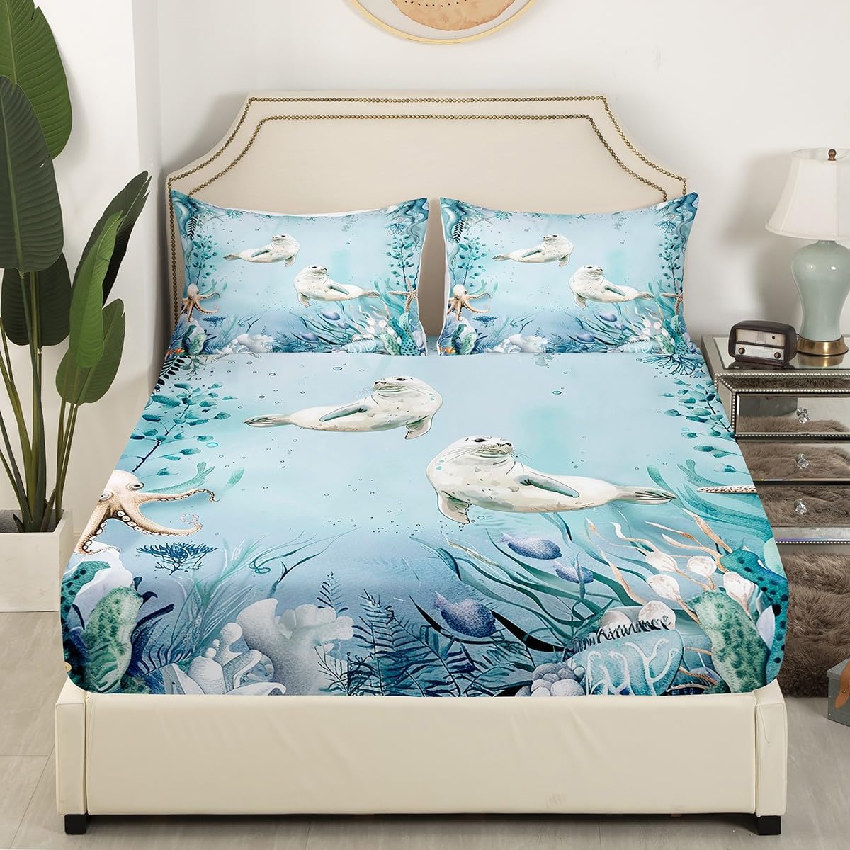 Seal Fitted Sheet Teal Blue Ocean Beach Coastal Twin Bed Sheets for Girls,Starfish Octopus Tentacles Sheets Underwater Creature Coral Bedding Set,Kawaii Fish Room Decor