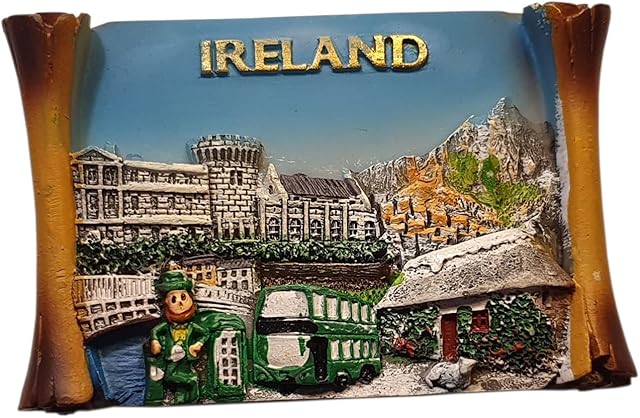 Ireland Collage Scroll Fridge Magnet - Leprechaun / Green Top Hat / Bus / Telephone Box / Dublin Castle / Record Wardrobe Tower / for Fans of Riverdance, Blarney Stone, Galway / Emerald Isle Souvenir