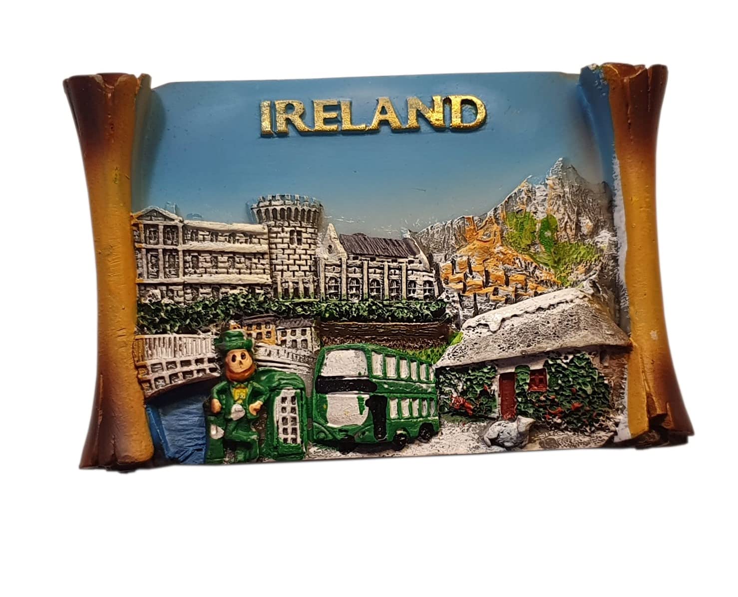 Ireland Collage Scroll Fridge Magnet - Leprechaun / Green Top Hat / Bus / Telephone Box / Dublin Castle / Record Wardrobe Tower / for Fans of Riverdance, Blarney Stone, Galway / Emerald Isle Souvenir