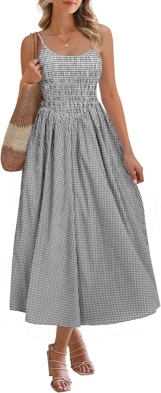 Relipop Women's Summer Midi Dresses 2026 Casual Plaid Sleeveless Spaghetti Strap Smocked Tiered Beach Sundress & Pockets - Image 6