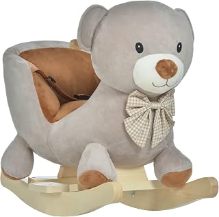 Qaba Bear Plush Rocking Horse for Toddlers 18-36 Months - Interactive Sounds, Wooden Base, Safety Belt, Gray Ride-On Toy