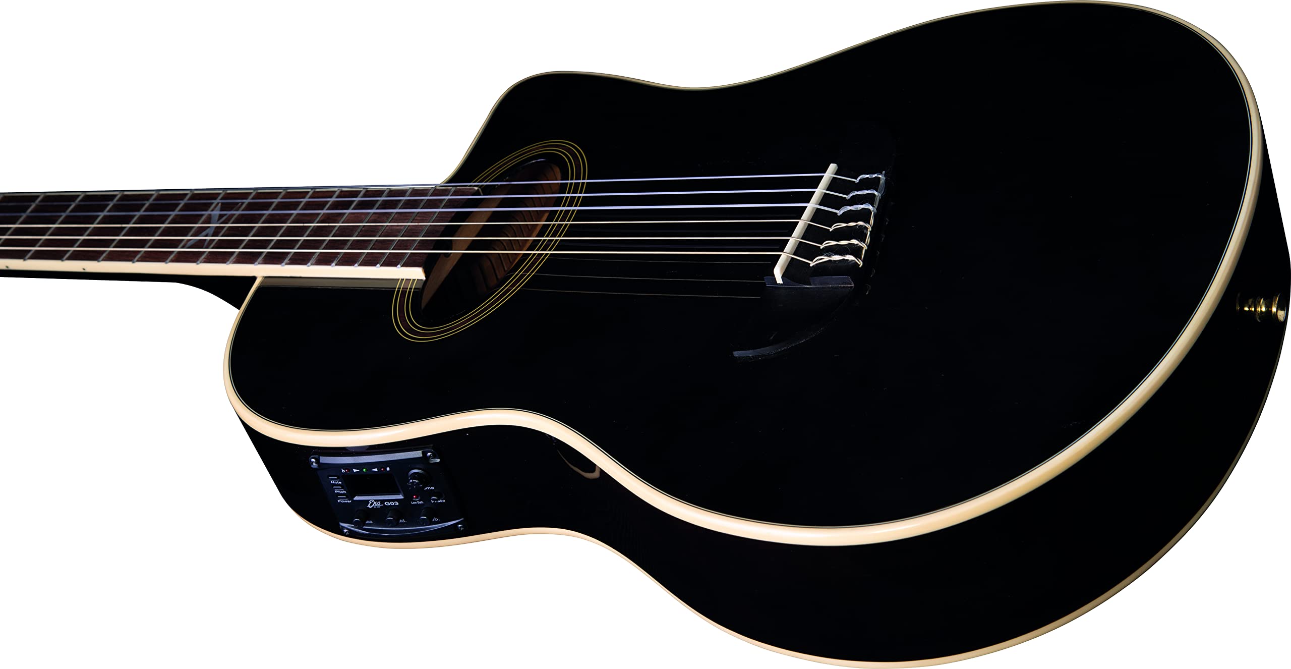 EKO GUITARS – NXT NYLON N100CE SEE THROUGH BLACK, Guitare Classique Électrifiée Cutaway, Table Épicéa, Eclisses, Fond et Manche Acajou, Touche South American Roupanà, Mensur 650 mm, Couleur Noir