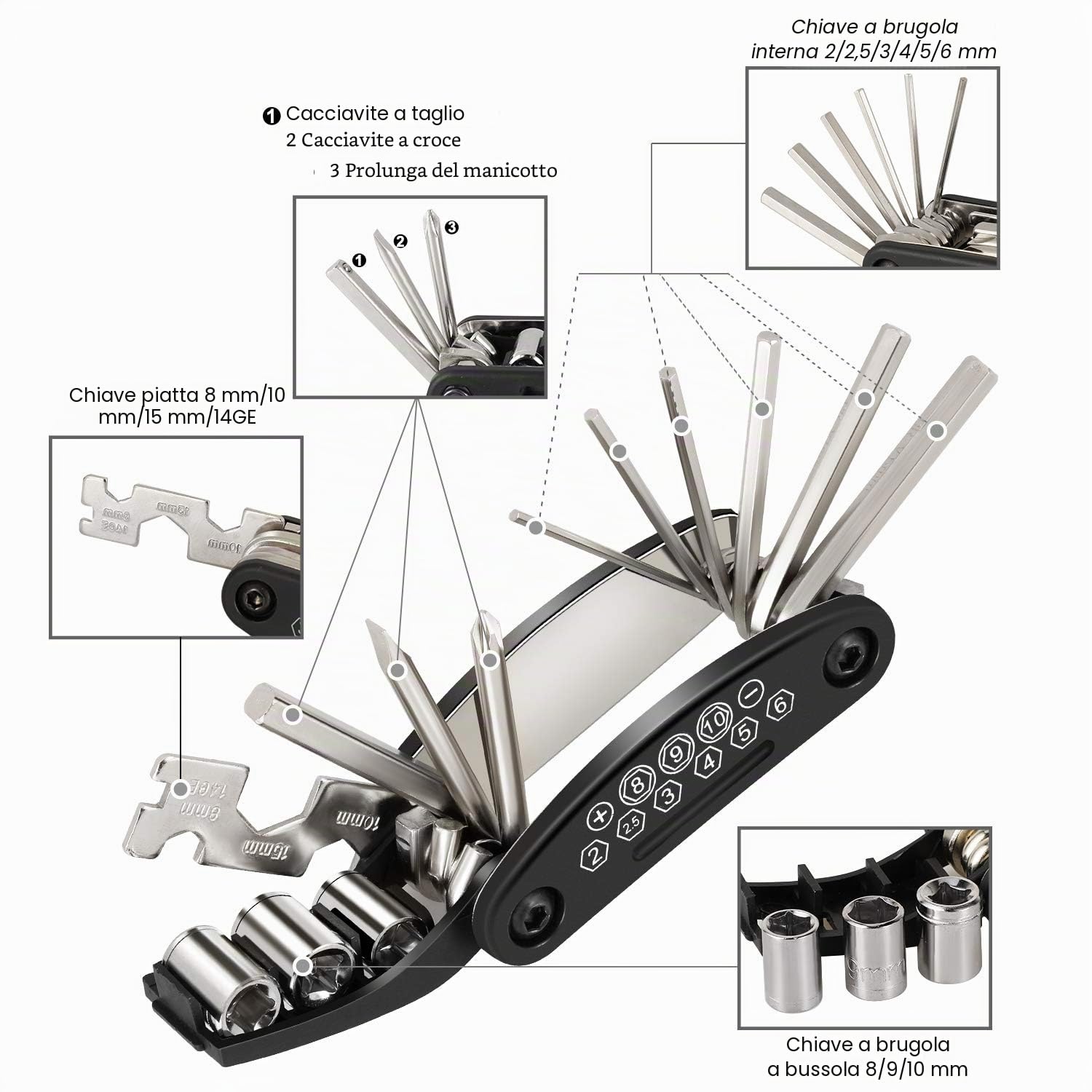 Tagvo Kit attrezzi per bici, 16 in 1 attrezzo multifunzione da bici con kit di patch e leve del pneumatico, kit di attrezzi per riparazione della bicicletta, kit di attrezzi per la riparazione di bici