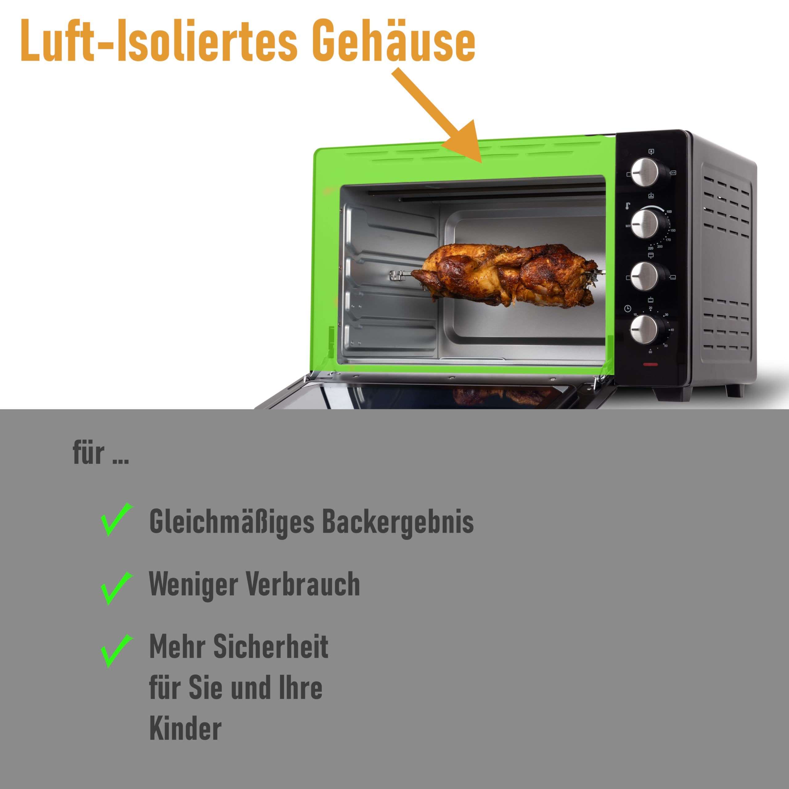 Minibackofen 45 Liter mit Glasfront und 2.000 Watt | Mini Backofen mit Umluft, Drehspieß und Krümelblech | Ober-/Unterhitze | Konvektion | 60 min Timer | Neues luft-isolierten Gehäuse, Mini-Ofen