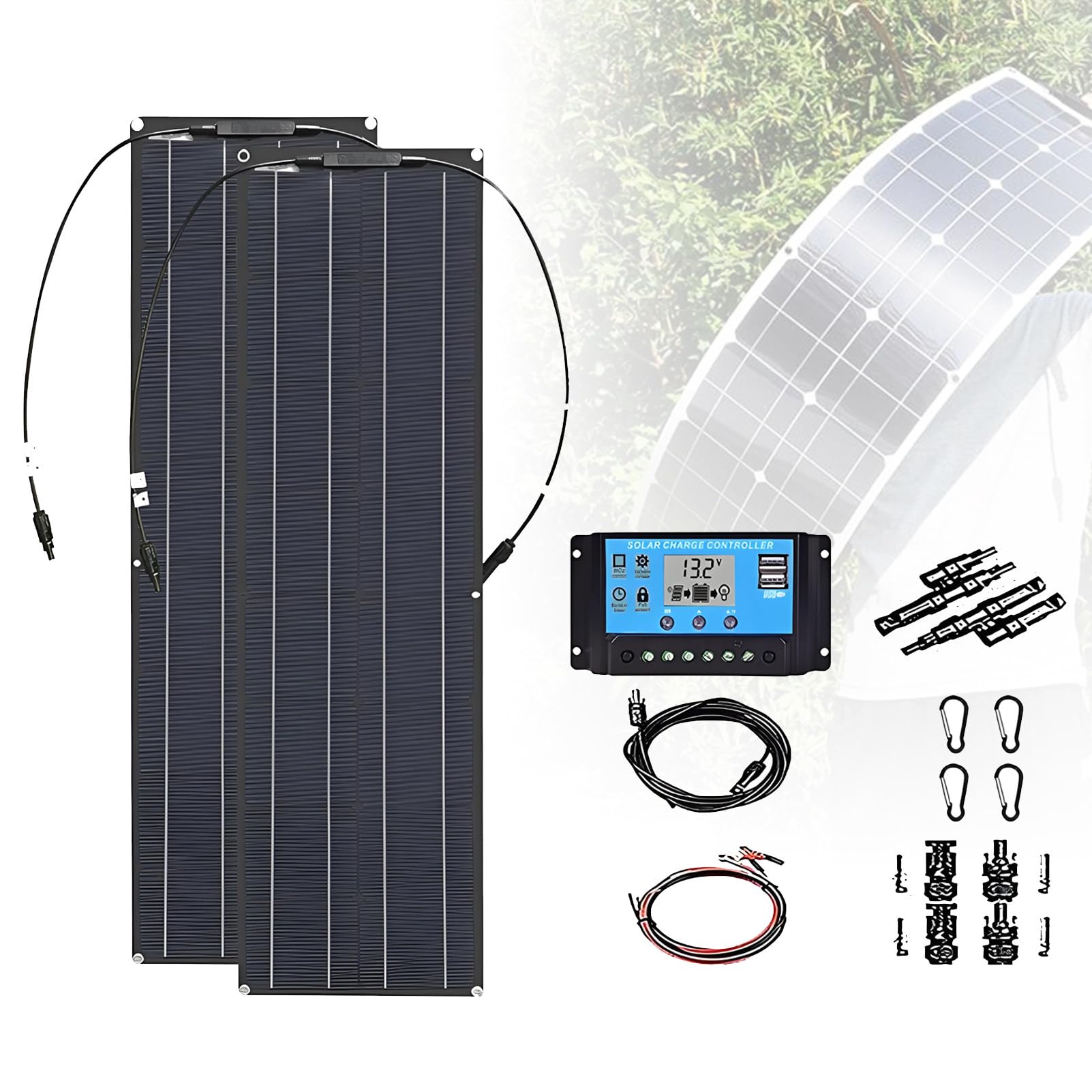 Zestaw elastycznych paneli słonecznych 200 W, 400 W, 800 W z kontrolerem 40 A, moduł fotowoltaiczny do domu poza siecią, kempingu, ładowania akumulatora kampera Black-2piece
