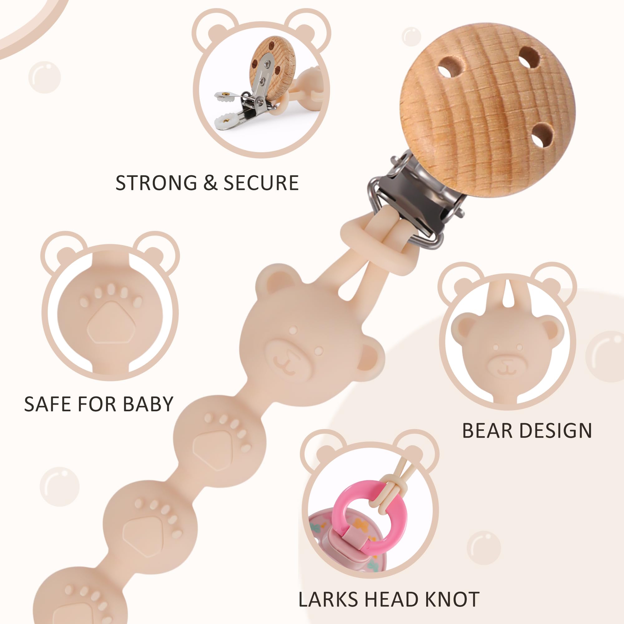 Set da 3 Catenella Portaciuccio in Silicone, Design Monoblocco Catenella Ciuccio per Bambine e Bambini, Portaciuccio Senza BPA, Elastiche e Robustezza (Crema Marrone Grigio)