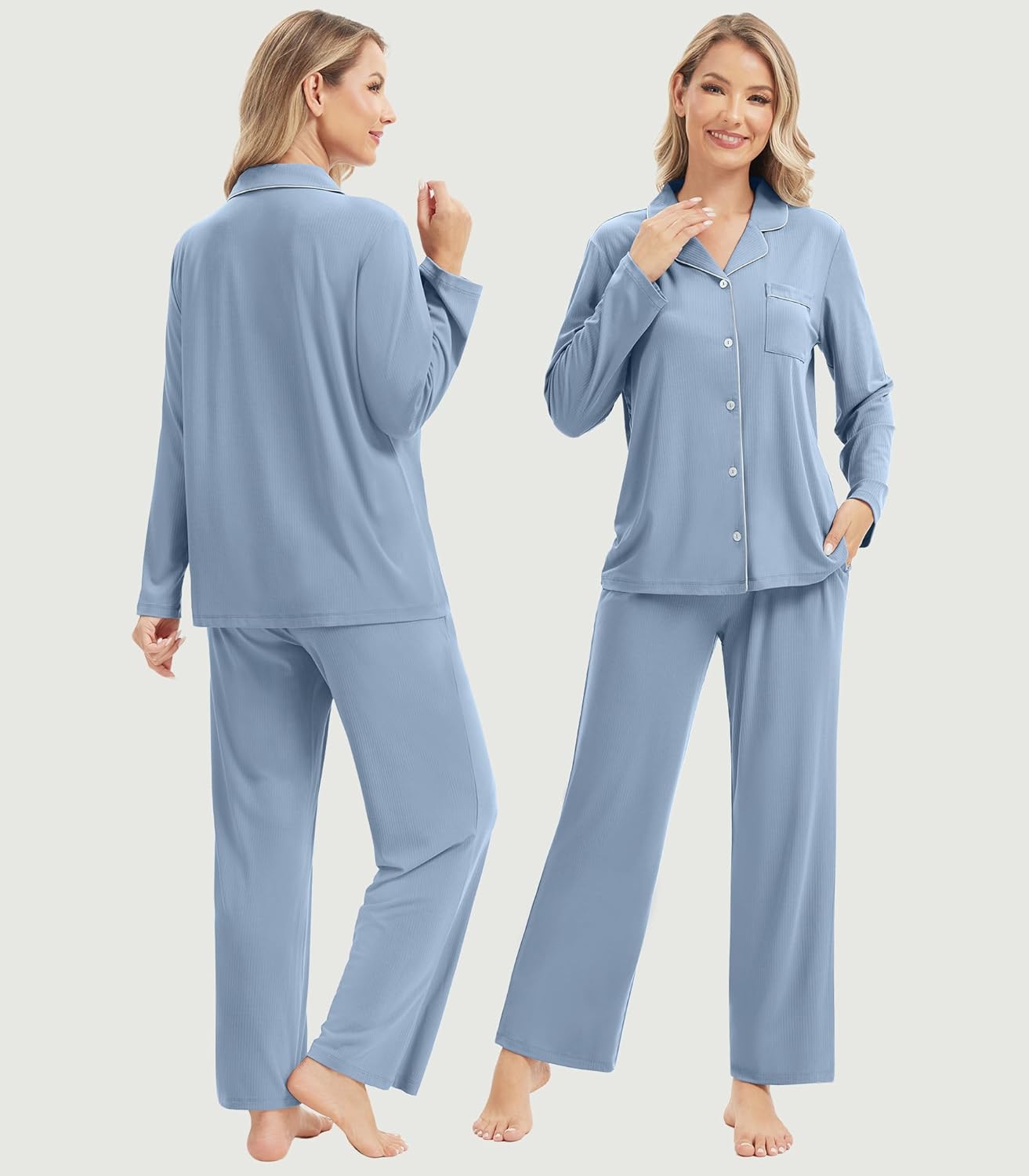 WiWi Women's Pajama Sets 2 Piece Button Down Lounge Set Soft Ribbed Long Sleeve Top and Pants Sleepwear S-XXL - Image 3