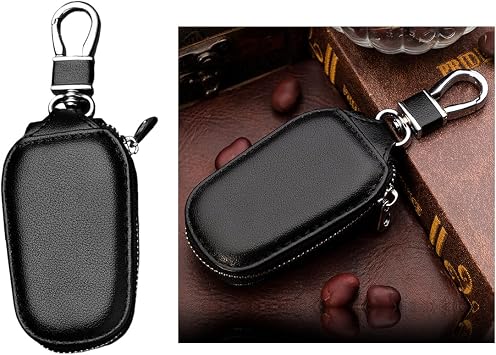 Wevdn Car Key Case, Genuine Leather Auto Smart Key Fob Holder with Metal Hook, Anti Scratch Automotive Key Protector Key Chain Zipper Bag for Remote Key Fob, Car Accessories Black