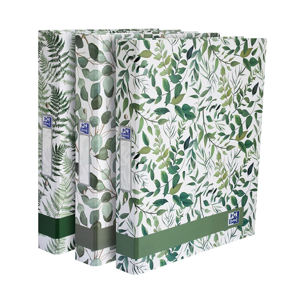 Oxford A4 Ring Binders, Leaves Pattern, 3 Pack of Matte Paper-on-Board, 40 mm Spine Holds Up to 250 Sheets