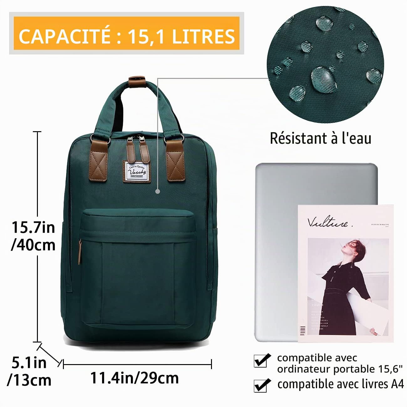 Sac à Dos Femme，VASCHY Sac a Dos Fille Sac à Dos Ordinateur Portable pour 15.6 Pouces Résistant à l'Eau Sac Scolaire Chic avec Deux Poches Bouteilles pour Voyage Collège,15.1L(Gardénia Bleu)