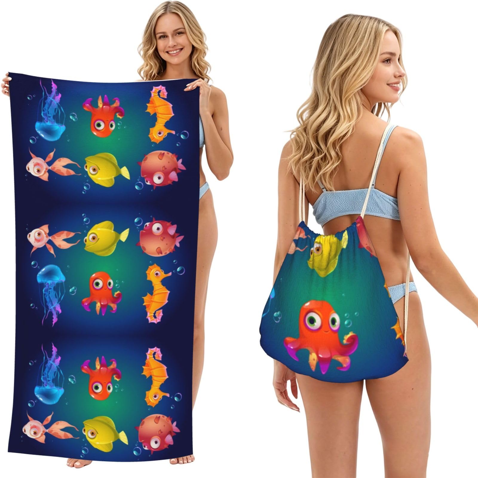 SATUSA Sea Life Print 2-In-1 Foldable Beach Towel Backpack â€“ Camping, Yoga And Travel,Bath Towel With Built-In Storage, Convertible Beach Mat & Carry Bag