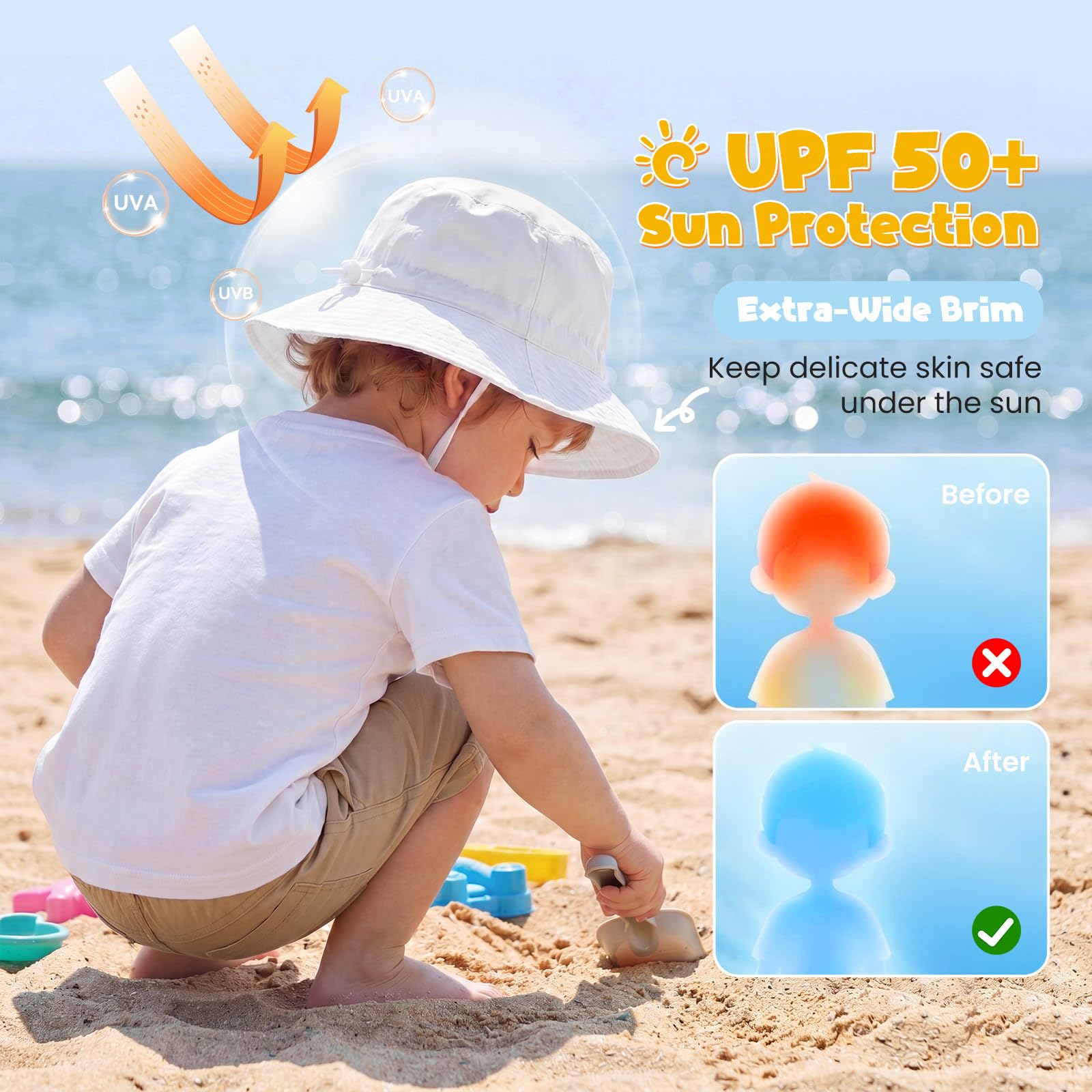 Sombrero de sol ajustable para bebé, para playa, verano, UPF 50+ para bebé, niña y niño