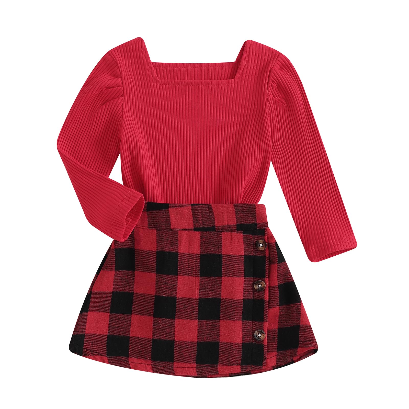 BeQeuewll Fall Winter Toddler Baby Girl Clothes 2Pcs Long Sleeve Ribbed Knit Shirt Plaid Skirt 1T 2T 3T 4T 5T Girls Dress