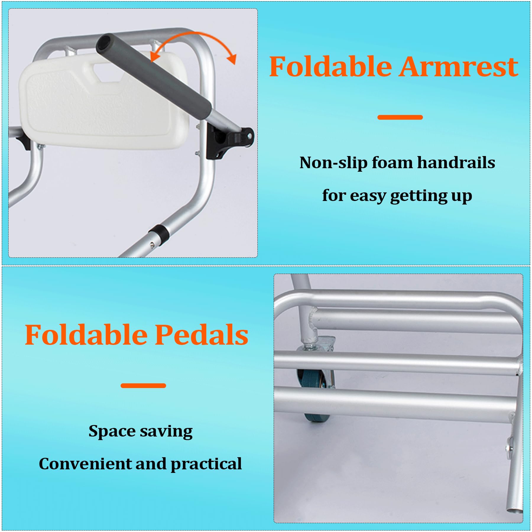 Taburete de Baño Silla para Ducha para Personas Mayores con Ruedas, Asiento para Ducha Plegable con Reposabrazos y Respaldo - Apertura en Forma de U, Carga 150KG