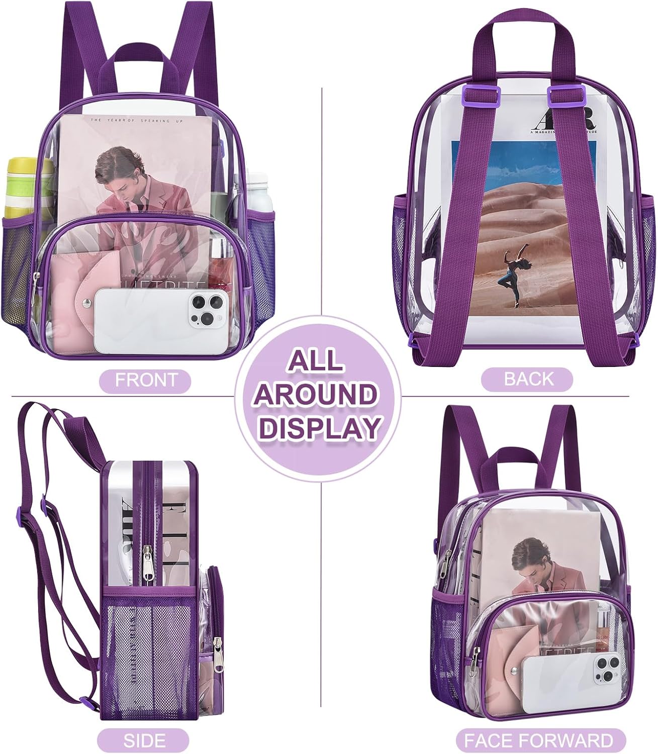 Clear Backpack for Stadium Events Clear Backpack 12x12x6 with Front Pocket for Concert Sport Events Work Travel (Purple) - Image 5