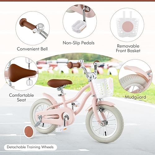 Miniatura 5 de COSTWAY Bicicleta para niños de 12, 14, 16, 18 pulgadas, bicicleta para niños con ruedas de entrenamiento, frenos de mano y posavasos, sillín y