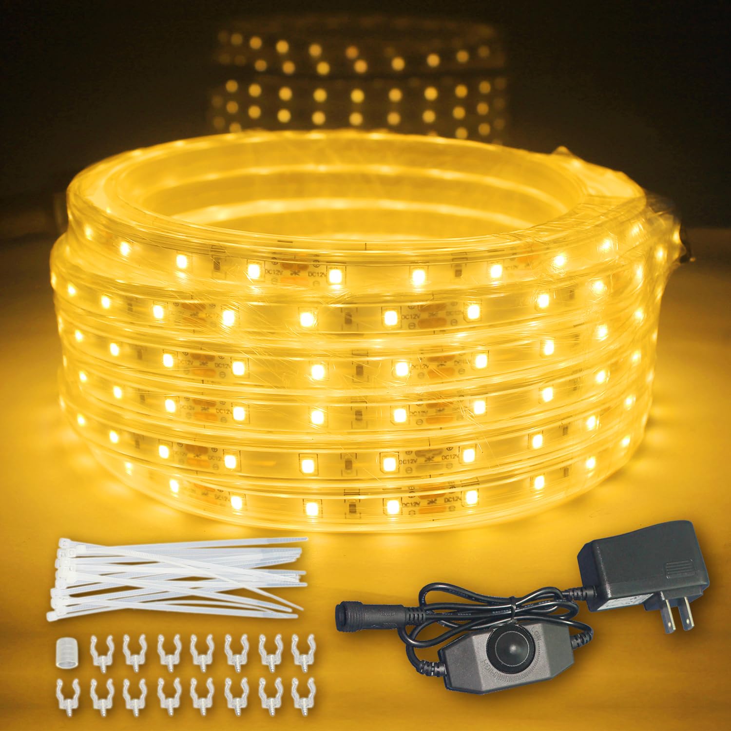 RYGDENG 32.8FT Waterproof LED Rope Lights Warm White, Dimmable Outdoor Led Strip Lights Waterproof, 12V Flat Rope Lights, Flexible Rope Lighting for Indoor Bedroom Deck Patio Christmas Camping