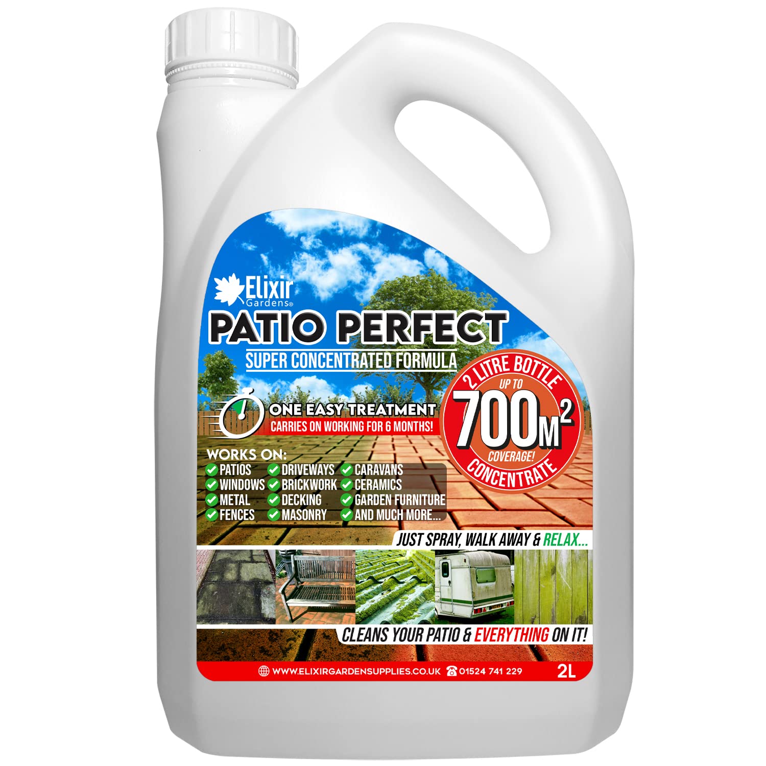 Elixir Gardens Patio Perfect Cleaner Fluid 2 Litre | Treats up to 700 sq.m (28x the Coverage of Next Best) | Concentrate Moss, Mould & Algae Treatment for Paths, Patios, Driveways, Decking