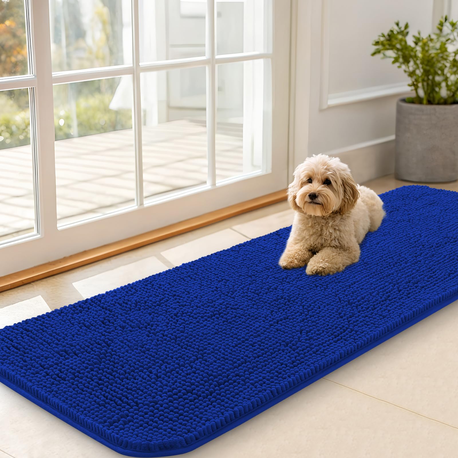 OLANLY Dog Door Mat for Muddy Paws 59x20, Absorbs Moisture and Dirt, Absorbent Non-Slip Washable Doormat, Quick Dry Chenille Mud Mat for Dogs, Entry Indoor Entryway Carpet for Inside Floor, Royal Blue โ image 1