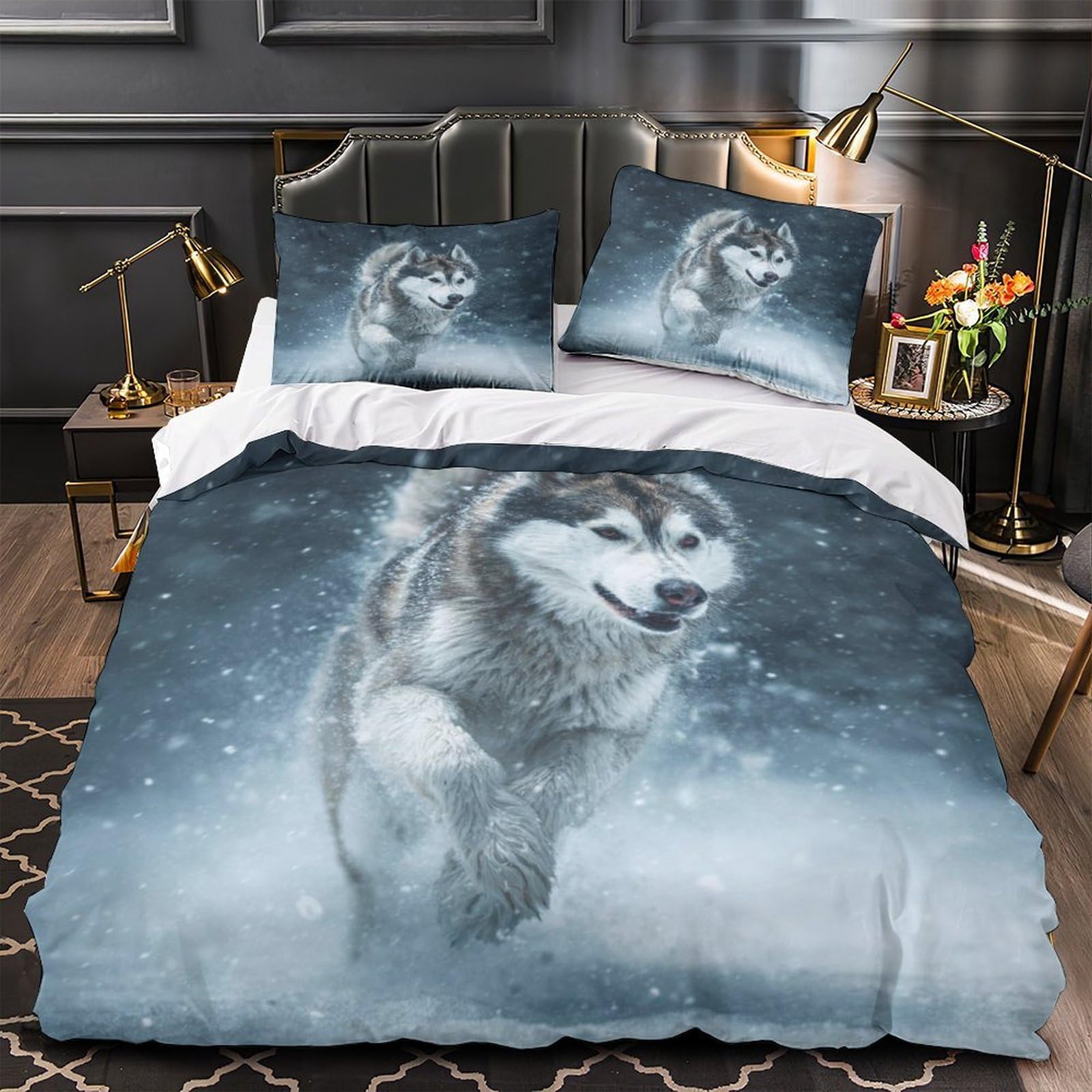 Housse de couette Chien de Berger 200x200 parure de lit style ferme en microfibre pour lit double