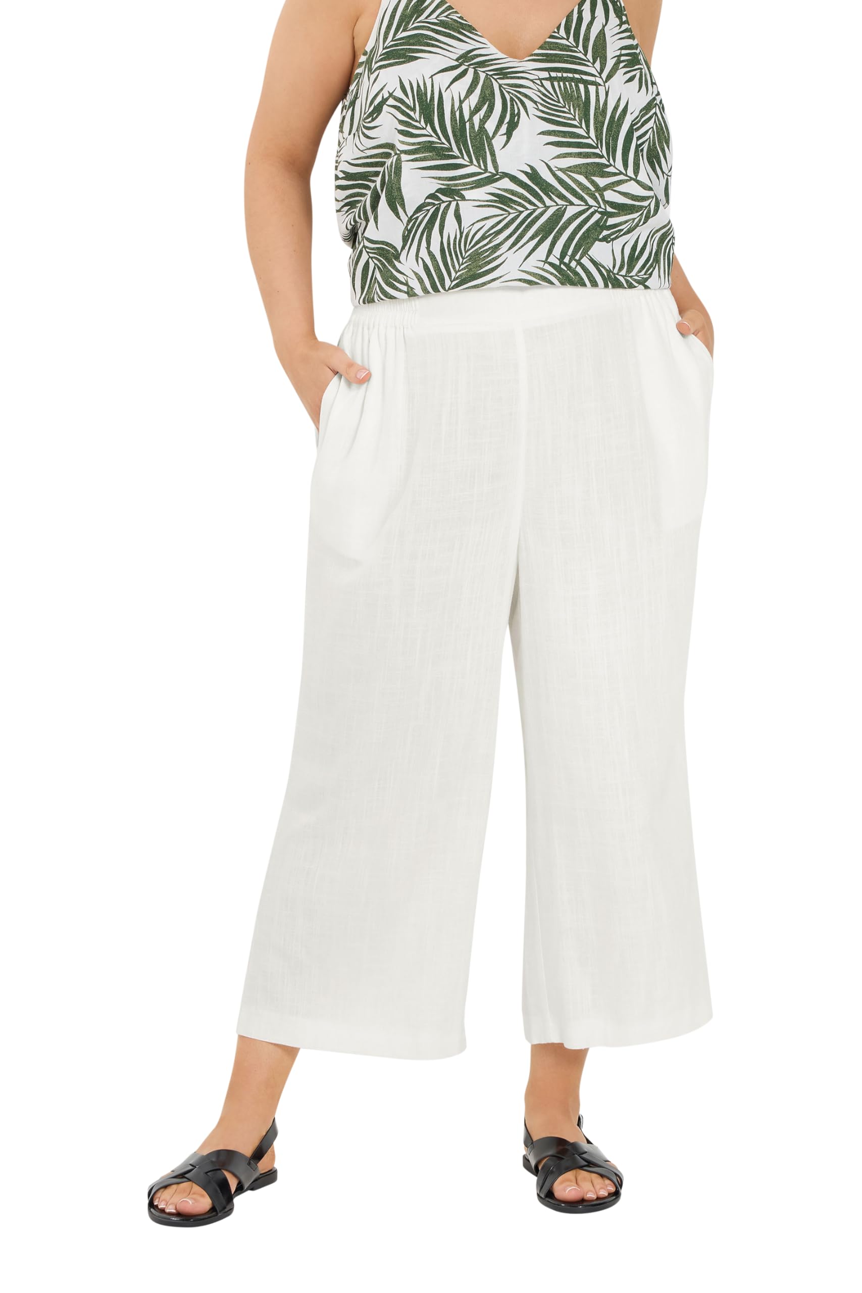 Yours Women's White Linen Cropped Wide Leg Trousers In | : 26/28
