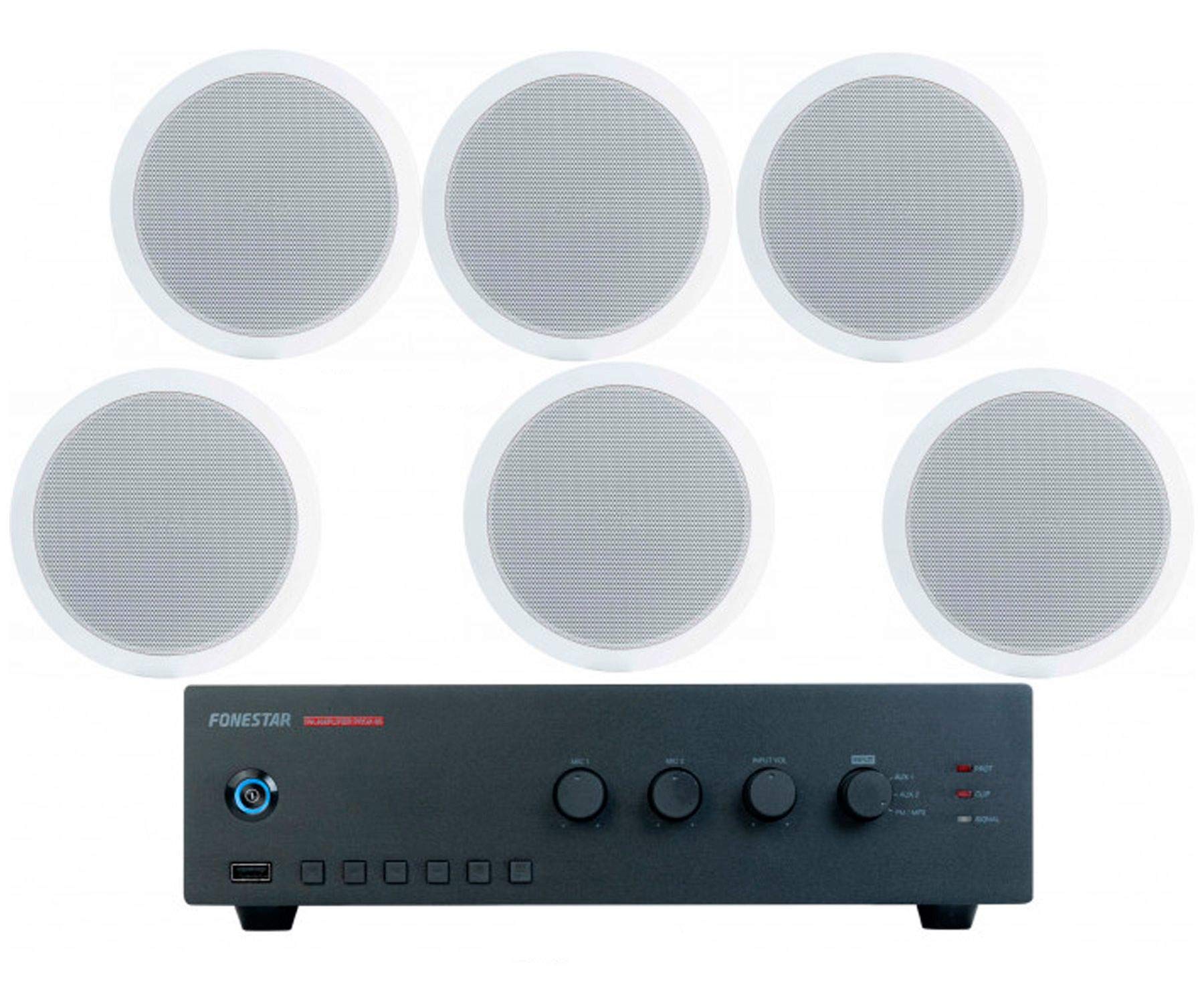 FONESTAR Pack A150 - Amplificador PROX-60 + Seis Altavoces DE Techo GAT-601