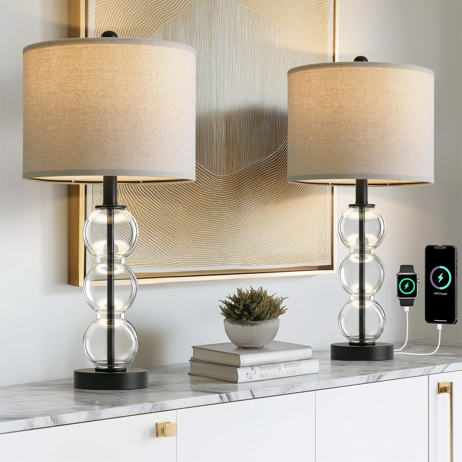 Photo 1 of Oneach 25" Glass Table Lamps Set of 2, Black Modern Table Lamps with USB Ports for Living Room, Linen Shade Bedside Lamps for Bedroom, Nightstand, Side Table (Bulbs not Included)