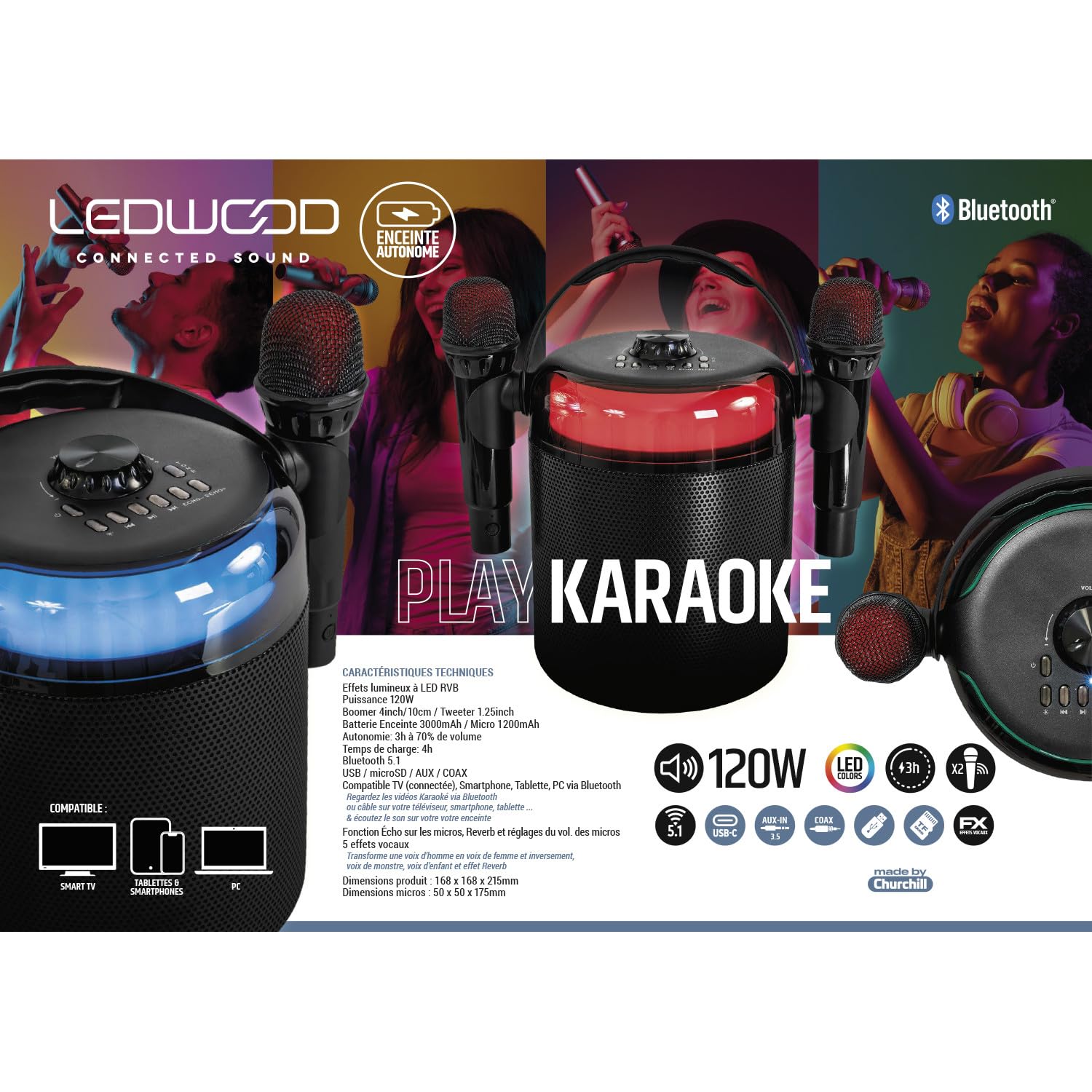 Système Karaoké sur Batterie 120W, LED, Bluetooth USB, 2 Micros sans Fil, Effets Vocaux, Compatible TV Connectée, Ampoule