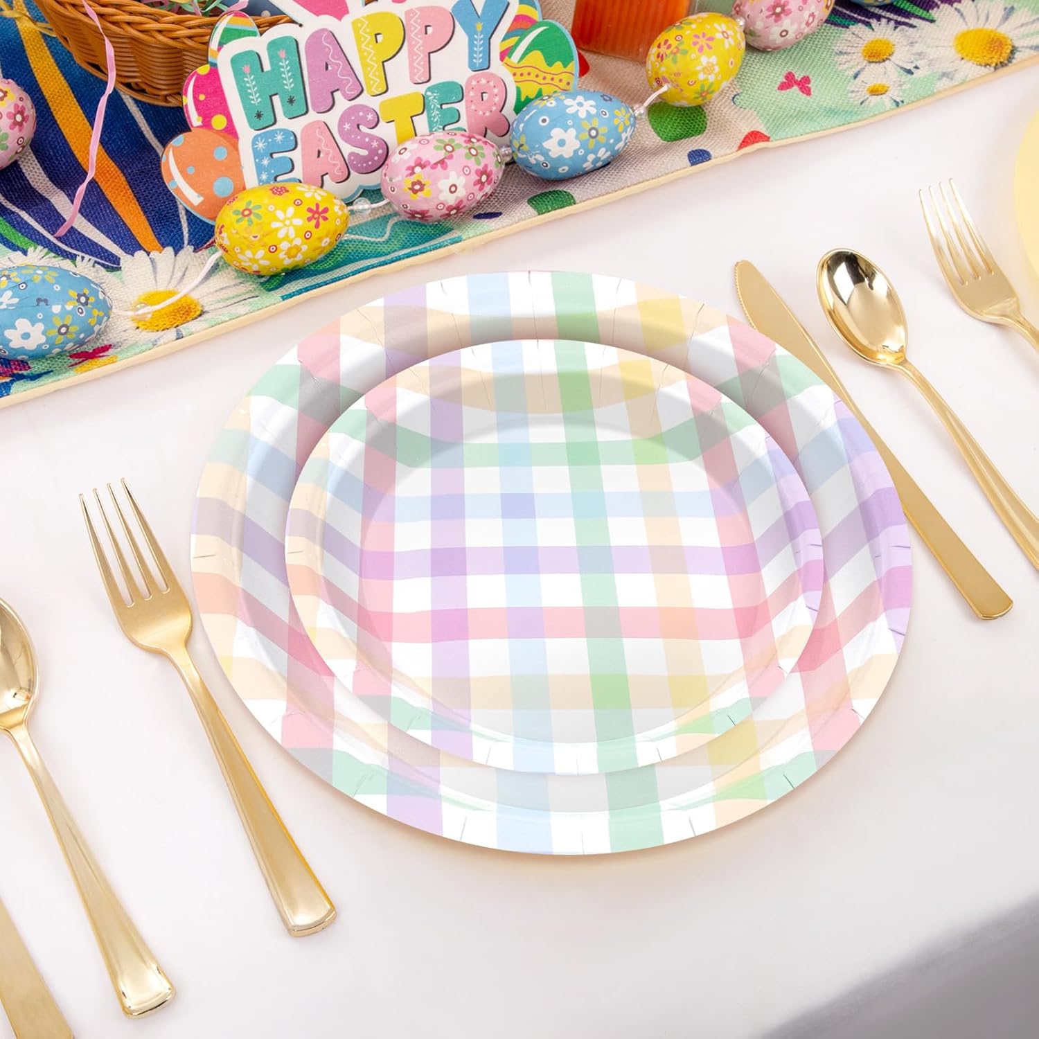 180PCS Easter Buffalo Plaid Party Supplies – Colorful Buffalo Plaid Paper Plates and Napkins Set, Pastel Gingham Disposable Tableware for Spring Easter Birthday Party Supplies Decorations