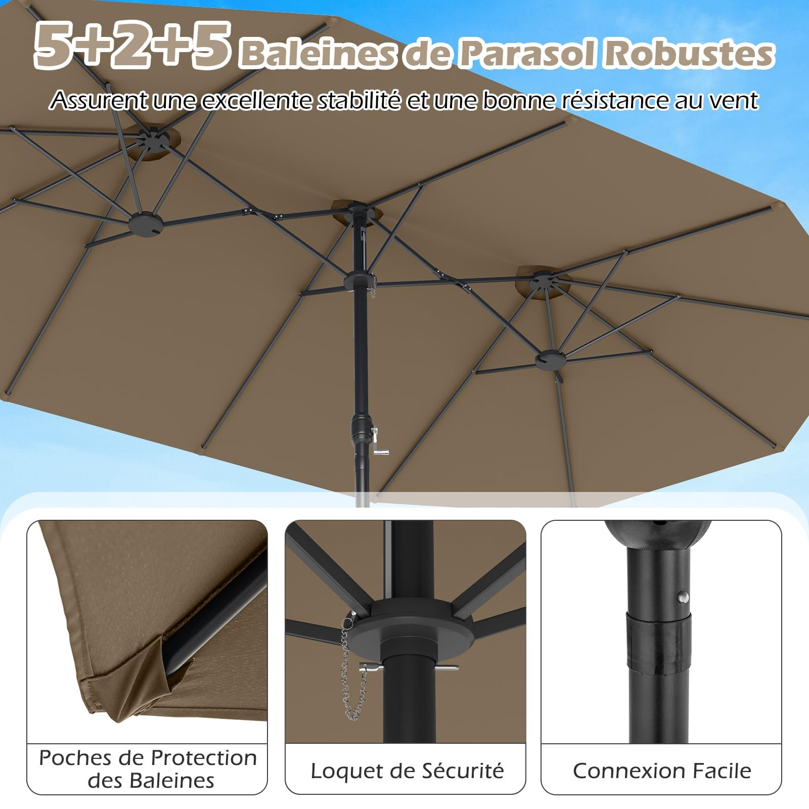 GOPLUS Parasol de Jardin Exterieur avec Pied, 4,5M Grand Parasol Rectangulaire Double Face, avec Manivelle, 12 Baleines, Base avec Sacs de Sable, pour Piscine Jardin Terrasse (Marron)