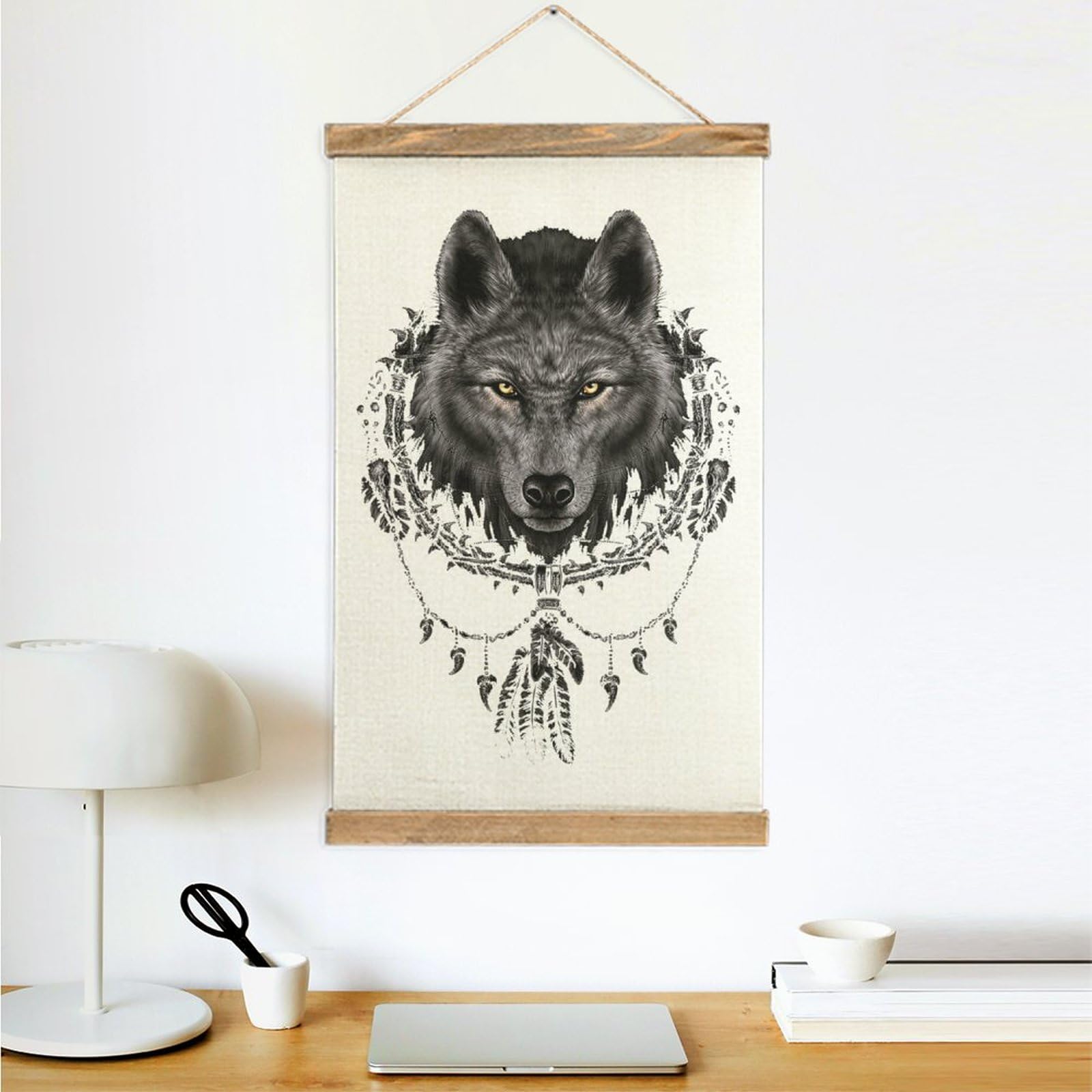 水墨画「気」狼 絵画 額入り 壁掛け 105cmx60cm インテリア 縦長