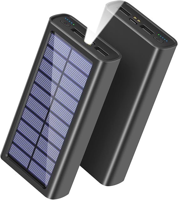 Portable Solar Charger 30000mAh, Solar Power Bank with 2 USB Output & Input Ports USB-C Fast Charging/LED Flashlight Compatible with All Smartphone External Battery Pack Perfect for Outdoor (Black)