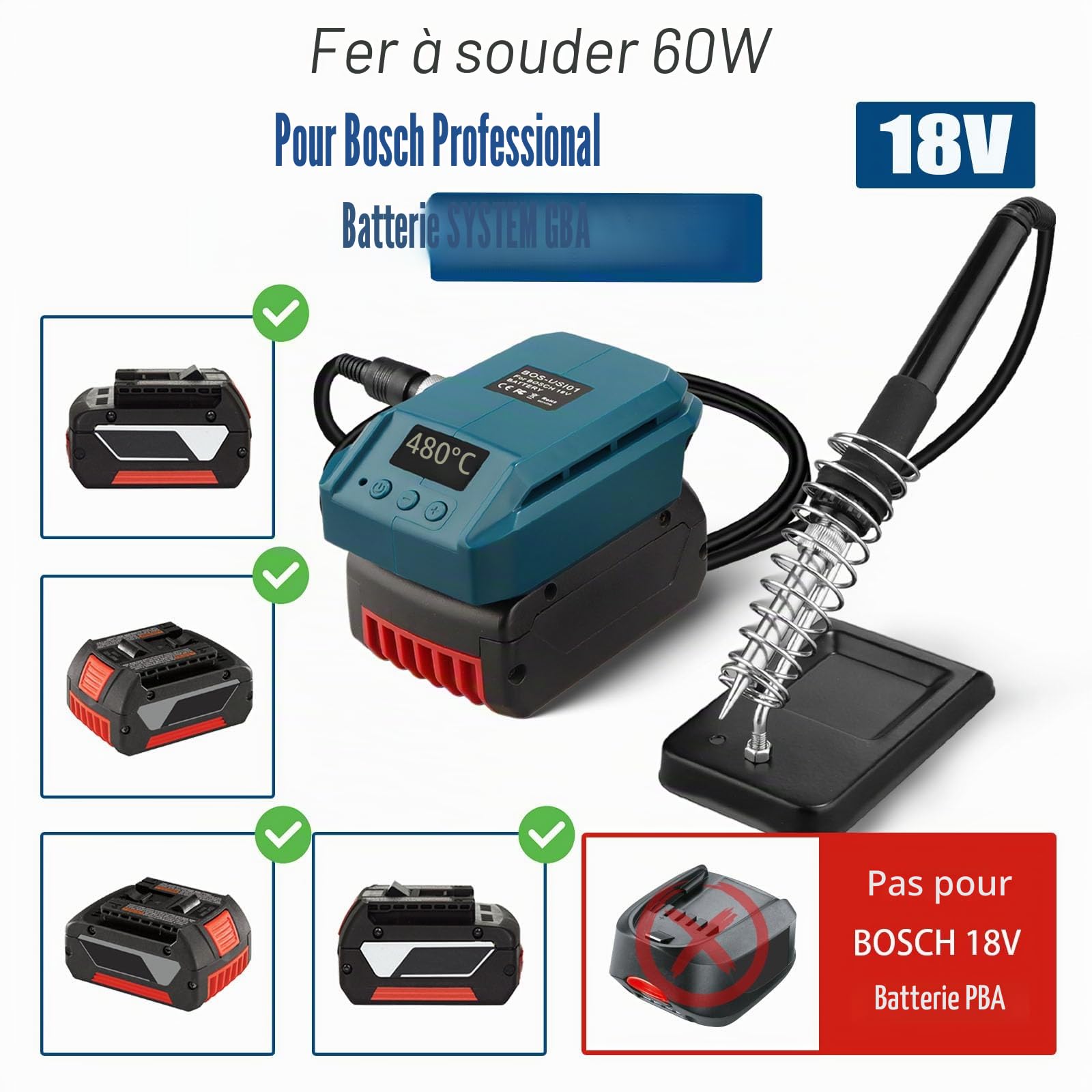 TPDL Fer à Souder Sans Fil Pour Bosch Professional 18 V Système GBA, 60 W, Température Réglable 51-480 °C, Avec Interrupteur ON/OFF, Support et Fil à Souder 50 g