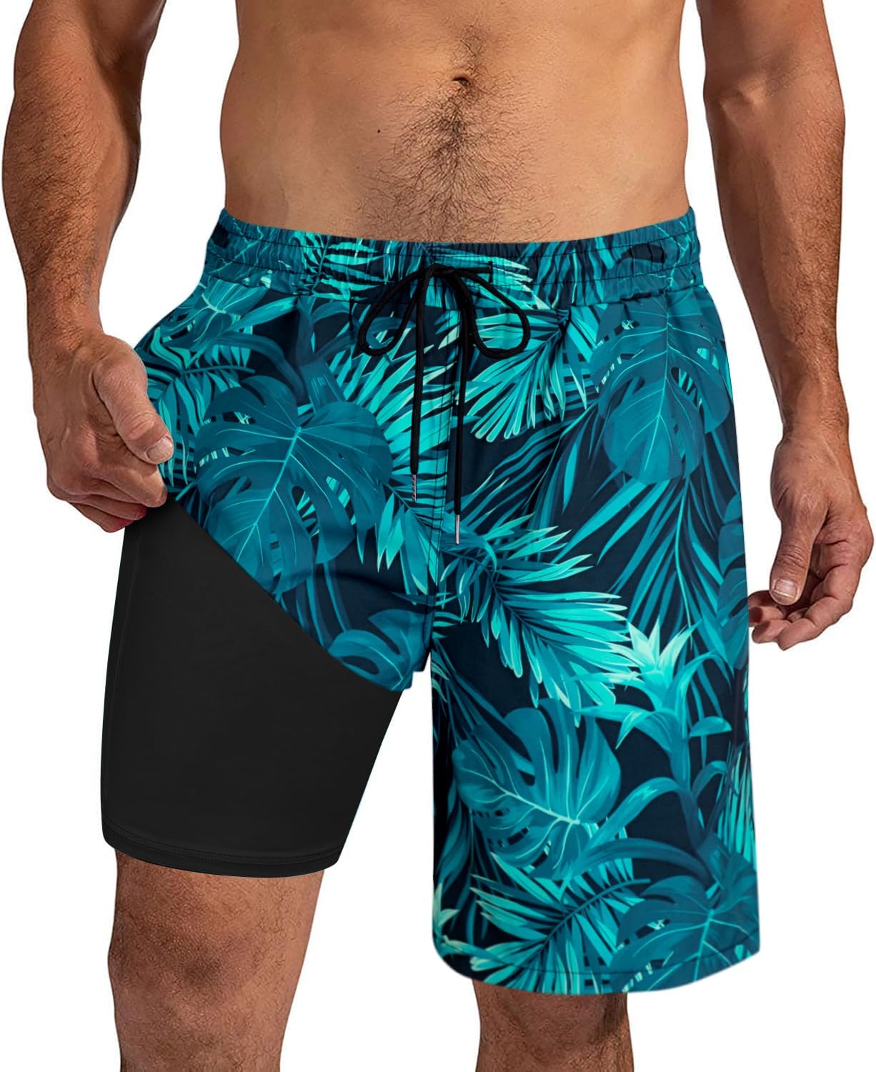 XiaoMoSha Mens Swim Trunks 9 Inch Board Shorts with Compression Liner Swimsuit Quick Dry Bathing Suit with Pockets Hawaiian Summer Beach Surf Swimwear S Green Leaves