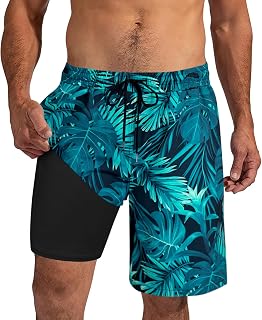 XiaoMoSha Mens Swim Trunks 9 Inch Board Shorts with Compression Liner Swimsuits Quick Dry Bathing Suit Pockets Swimwear S-2XL