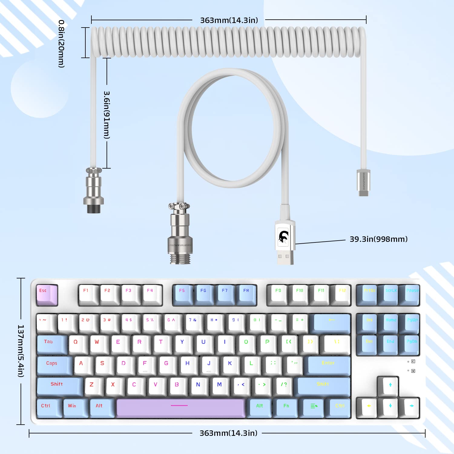MAMBASNAKE AK873 Tastiera meccanica cablata fai-da-te, cavo a spirale, 22 tasti retroilluminati RGB, copritasti flottanti PBT, tastiera 87% con copertura magnetica staccabile, tastiera macro per gamer