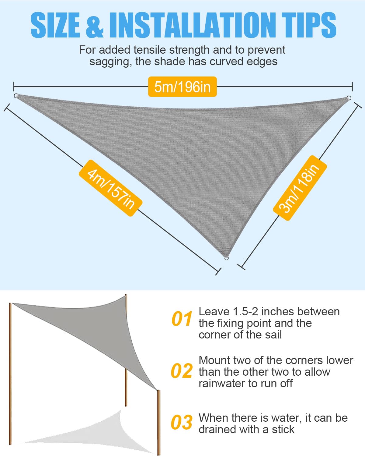 Voile d'ombrage triangulaire imperméable, 3 x 4 x 5 m, en polyéthylène téréphtalate, bloque 98 % des rayons UV, avec corde, pour extérieur, terrasse, fête avec accessoires d'installation, voile