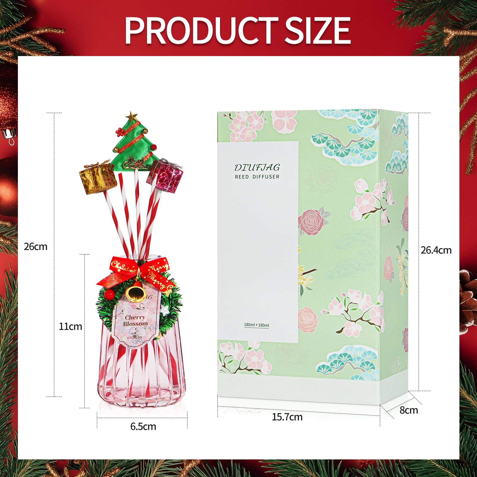 DIUFJAG 2 x 180 ml – Cherry Blossom/Osmanthus,Christmas Fioritura di Ciliegio Profumo per Ambienti con 12 Bastoncini,Natale Diffusore Profumo Ambiente per Bagno,Appartamento