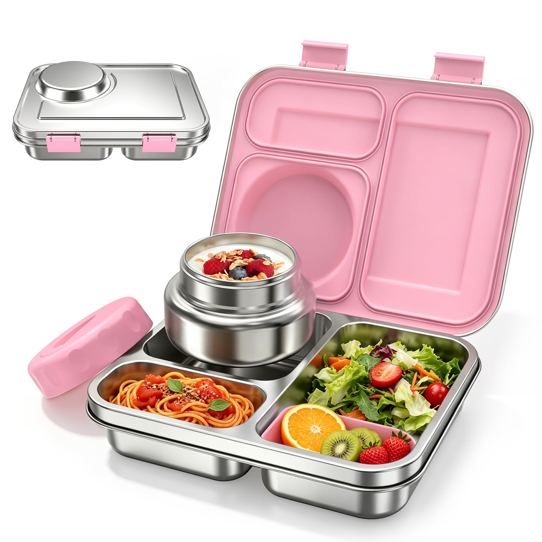 Photo 1 of Stainless Steel Bento Box Kids Adult with 8oz Soup Thermo, 3 Compartments Metal Bento Lunch Box with Insulated Food Jar,Lunch Box Container Sauce Cup for School,BPA-Free(Pink)