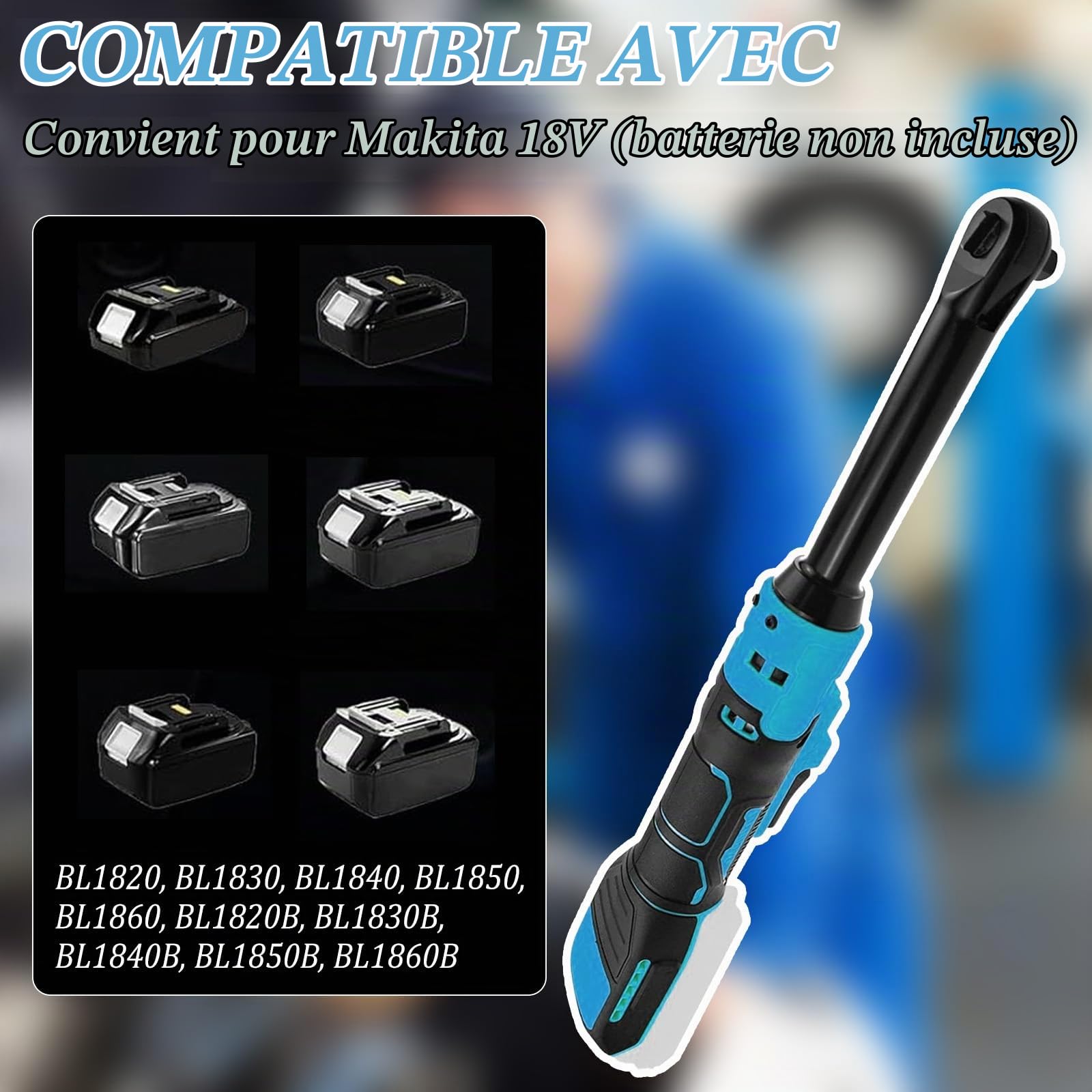 Clé à Cliquet électrique Compatible avec Makita 21V, Clé à Cliquet Électrique 3/8", Cle à Choc Sans Fil, Cliquet Electrique avec 10 Clés à Douille, Tige d'extension (Sans Piles)