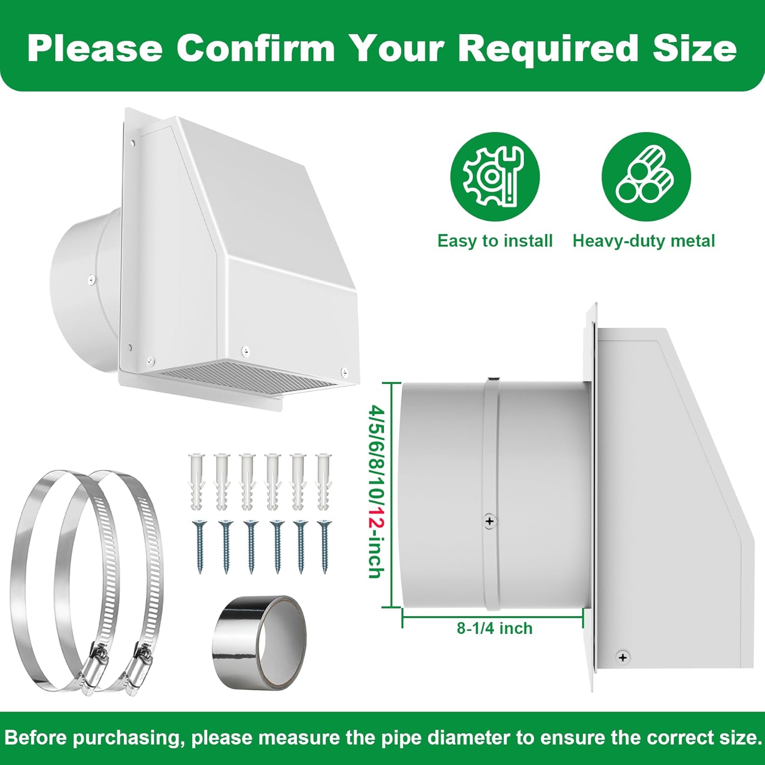 12 Inch Hooded Wall Vent with Screen and Damper, Stainless Steel Wall Vent Exhaust Vent Cover, Exhaust Exterior Air Vent Cover Cap for Kitchen Range Hood HVAC Duct Dryer Ventilation