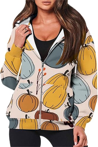 Chaqueta de Halloween con cremallera para mujer, con estampado de calabaza, linda sudadera de gran tamaño con cordón de ajuste de manga larga,