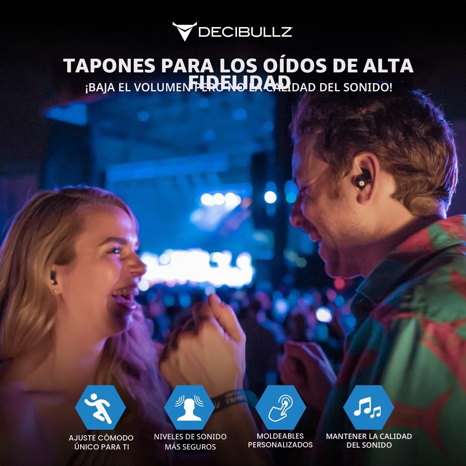 Decibullz Filtros de tapón para los oídos moldeados personalizados de alta fidelidad (Hi-Fi) para conciertos y eventos (negro)